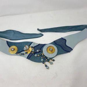 Vintage Unique Laise Adzer 1980s Blue Boho Chic Beaded Tie Back Statement Belt